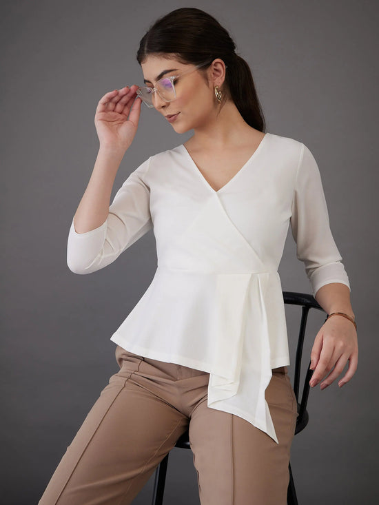 Women White Wrap Asymmetric Peplum Top