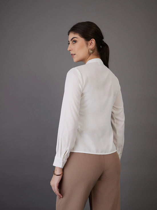 Women White Front Pin Tuck Shirt Style Top