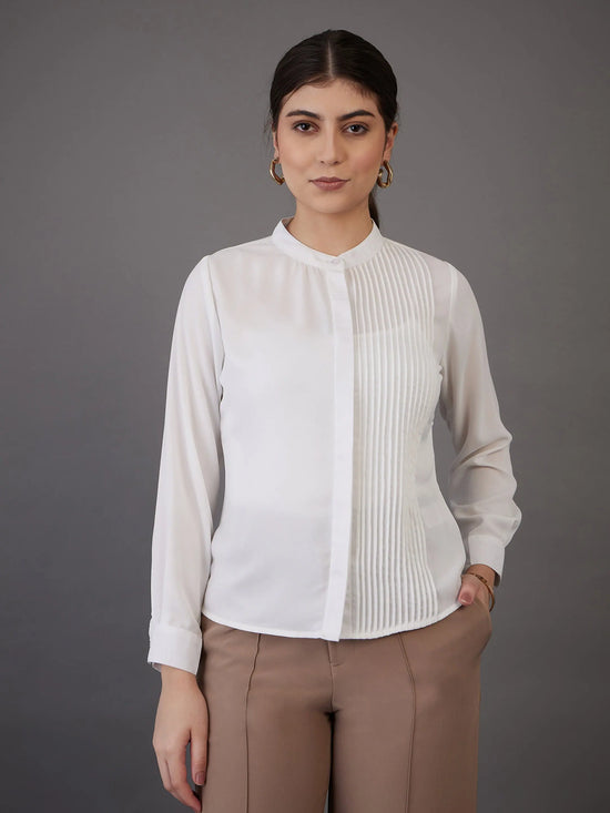 Women White Front Pin Tuck Shirt Style Top