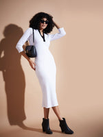 Women White Rib Contrast Collar Midi Dress