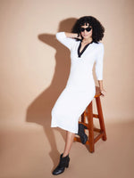 Women White Rib Contrast Collar Midi Dress