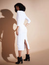 Women White Rib Contrast Collar Midi Dress