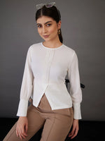 Women White Pin Tuck Peplum Top