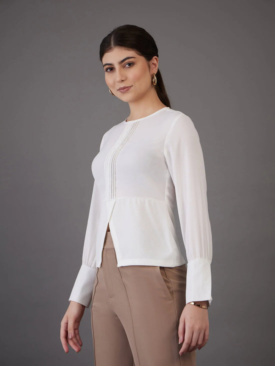 Women White Pin Tuck Peplum Top