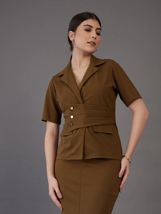 Women Brown Notch Collar Top