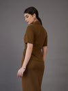 Women Brown Notch Collar Top