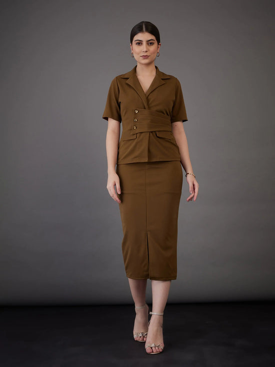 Women Brown Notch Collar Top