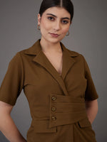 Women Brown Notch Collar Top