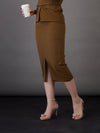 Women Brown Front Slit Midi Skirt