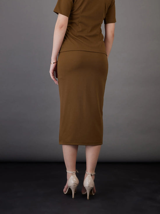 Women Brown Front Slit Midi Skirt