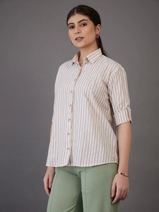 Women Brown Stripes Regular Fit Shirt