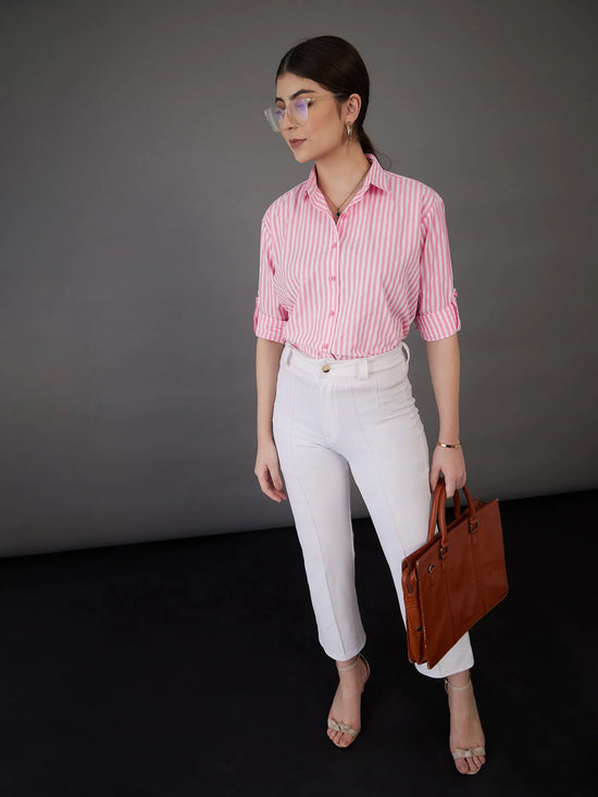 Women Pink Stripes Regular Fit Shirt