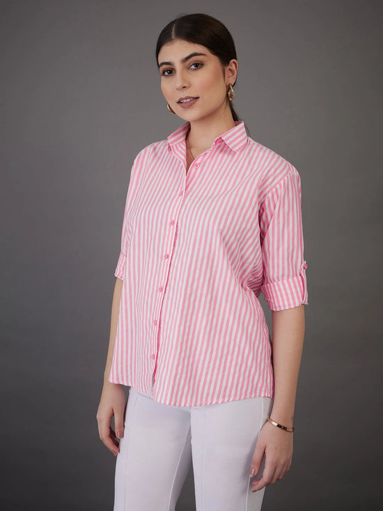 Women Pink Stripes Regular Fit Shirt