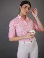 Women Pink Stripes Regular Fit Shirt