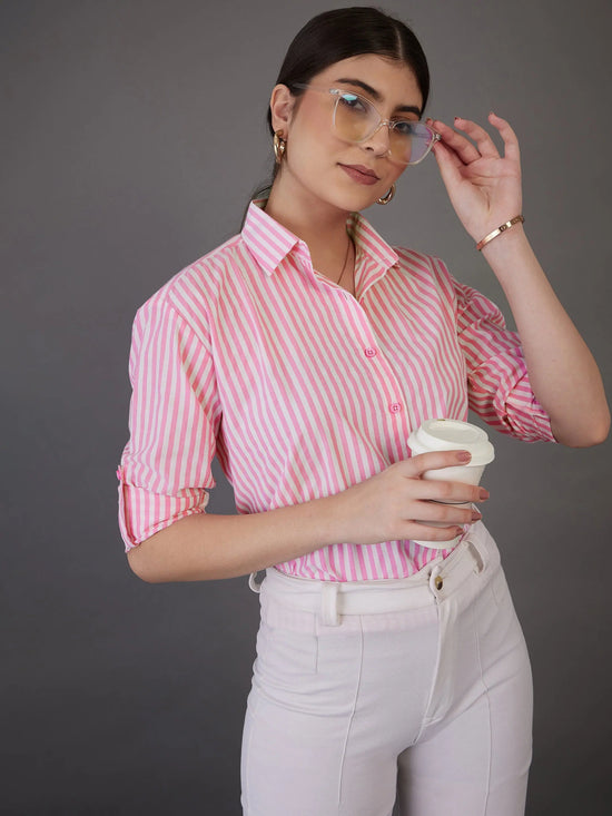 Women Pink Stripes Regular Fit Shirt