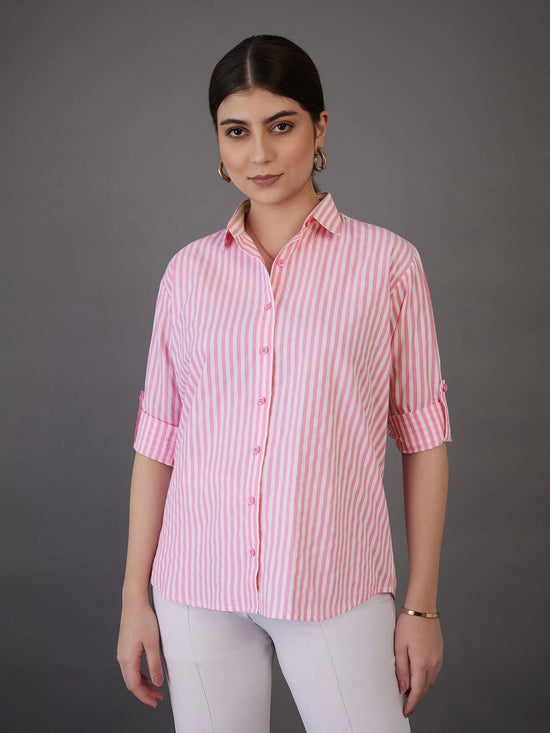 Women Pink Stripes Regular Fit Shirt