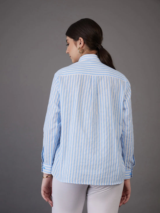 Women Blue Stripes Regular Fit Shirt