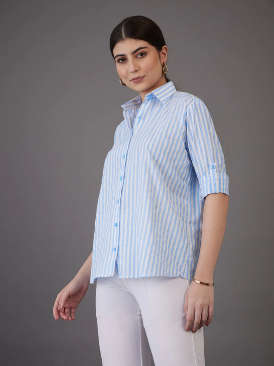 Women Blue Stripes Regular Fit Shirt