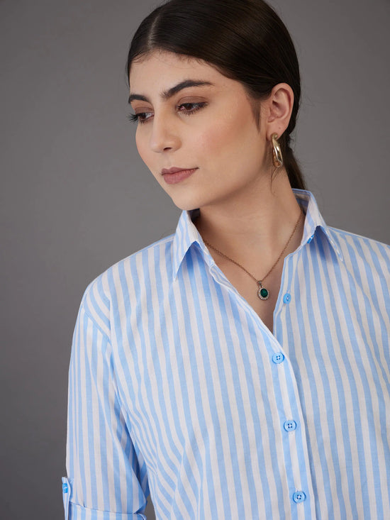 Women Blue Stripes Regular Fit Shirt