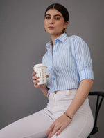 Women Blue Stripes Regular Fit Shirt