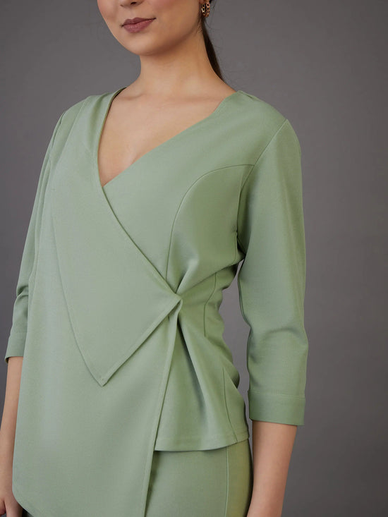 Women Green Wrap Asymmetric Top With Bell Bottom Pants