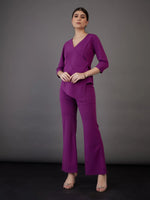 Women Purple Wrap Asymmetric Top With Bell Bottom Pants