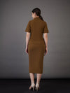 Women Brown Notch Collar Top With Midi Skirt