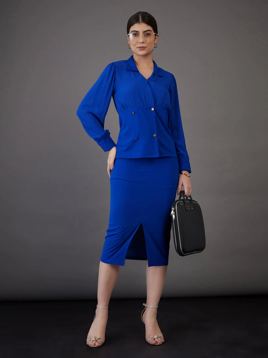 Women Royal Blue Peplum Collar Top With Midi Skirt