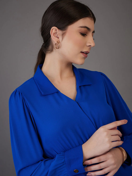 Women Royal Blue Peplum Collar Top With Midi Skirt