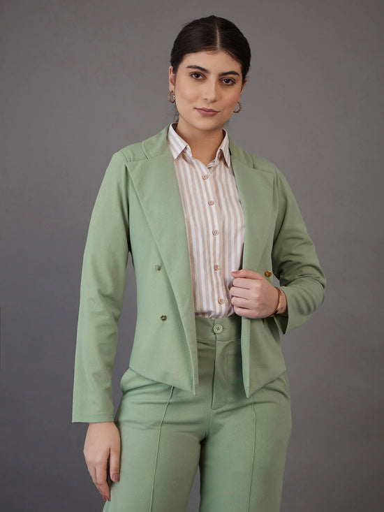 Women Green Notch Collar Single-Breasted Blazer