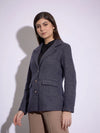 Women Navy Tweed Notch Collar Single-Breasted Blazer