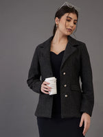 Women Grey Tweed Notch Collar Single-Breasted Blazer