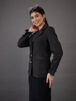 Women Grey Tweed Notch Collar Single-Breasted Blazer