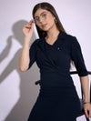 Women Navy Notch Collar Short Sleeve Midi Dress