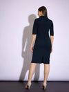 Women Navy Notch Collar Short Sleeve Midi Dress