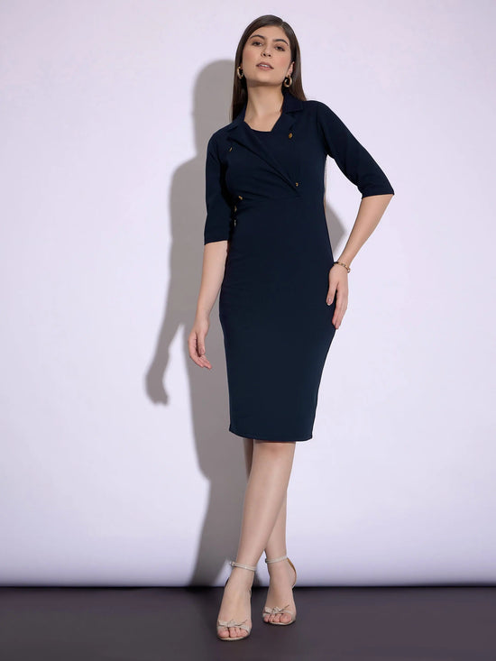 Women Navy Notch Collar Short Sleeve Midi Dress