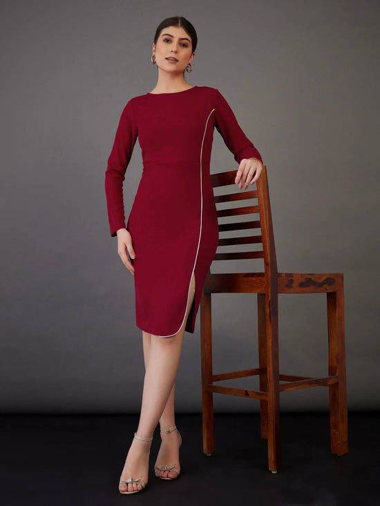 Women Red Contrast Piping Bodycon Midi Dress