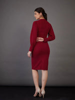 Women Red Puff Sleeves Bodycon Midi Dress