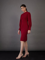 Women Red Puff Sleeves Bodycon Midi Dress