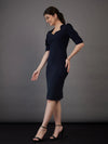 Women Navy Sweetheart Neck Bodycon Midi Dress