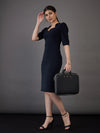 Women Navy Sweetheart Neck Bodycon Midi Dress