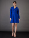 Women Royal Blue Notch Collar Full Sleeves Dress