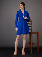 Women Royal Blue Notch Collar Full Sleeves Dress