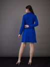 Women Royal Blue Notch Collar Full Sleeves Dress