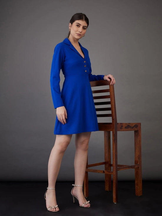 Women Royal Blue Notch Collar Full Sleeves Dress