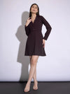 Women Burgundy Notch Collar Full Sleeves Dress