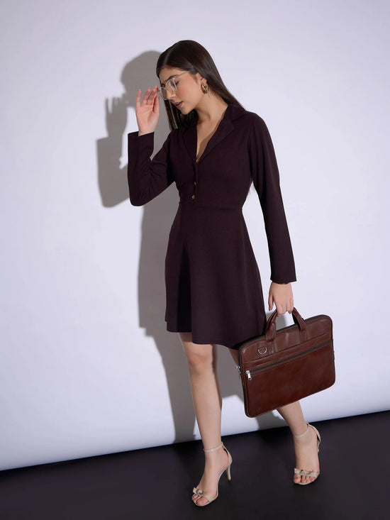 Women Burgundy Notch Collar Full Sleeves Dress