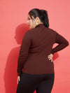 Women Brown Rib High Neck Top