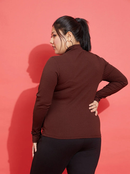 Women Brown Rib High Neck Top