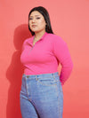 Women Pink Rib Front Zipper Top